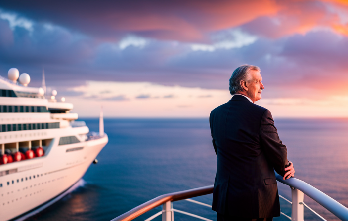 An image showcasing John Heald's voyage as a Cruise Director: a charismatic figure surrounded by a bustling cruise ship, orchestrating activities, engaging with guests, and exuding boundless energy, all against a backdrop of breathtaking ocean panoramas