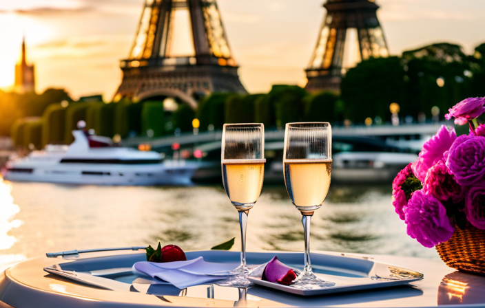 the opulence of Uniworld's luxury Seine River ship, adorned in elegant white and gold, with the legendary Dame Joan Collins gracefully sipping champagne on the deck, surrounded by vibrant floral arrangements and breathtaking views of the Parisian skyline