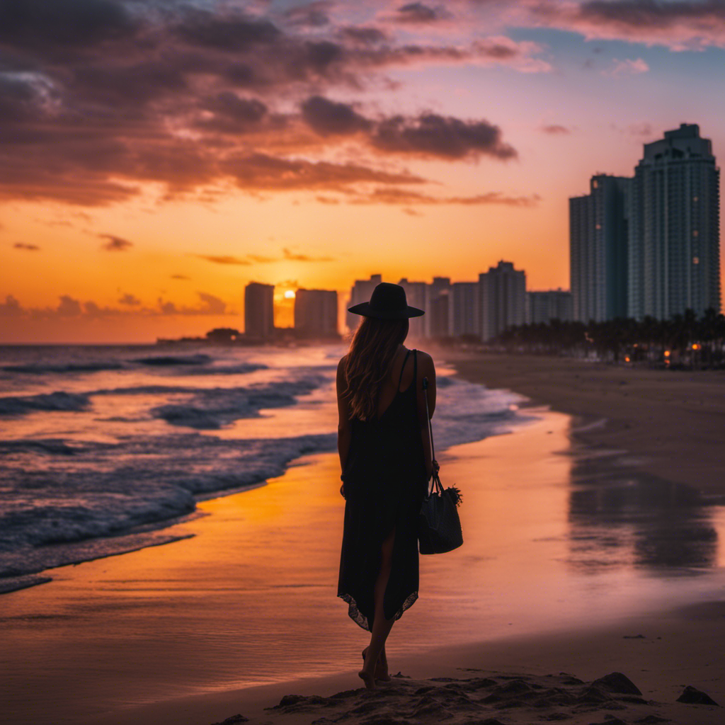 An image capturing a captivating sunset: a travel influencer stands on a pristine beach, silhouette against the vibrant hues of the sky, while a luxurious hotel looms in the background, promising adventure and opulence