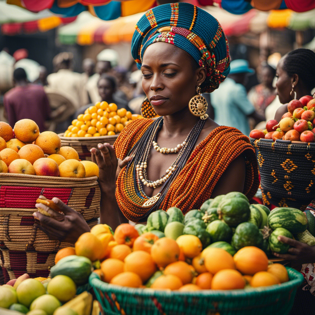 An image showcasing the vibrant colors of an African market, with women wearing traditional attire, surrounded by baskets of fresh fruits and vegetables