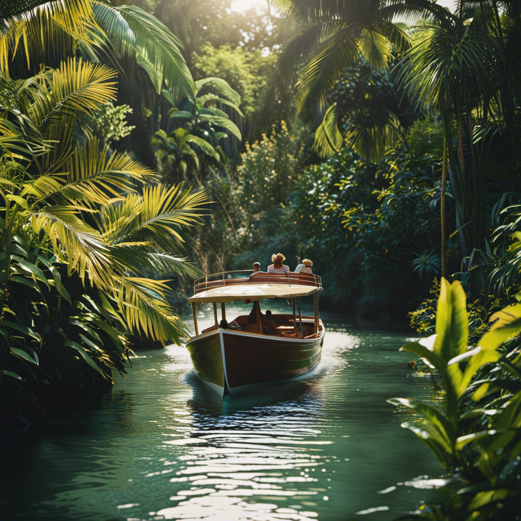 An image showcasing a lush, tropical river setting with a vintage boat gliding through dense foliage