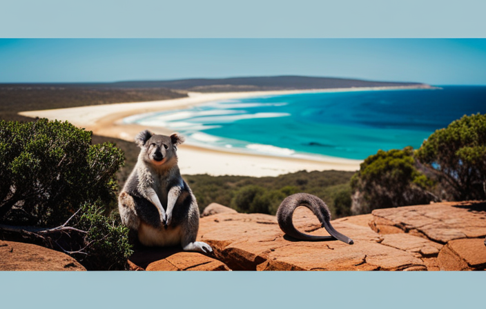 the untamed beauty of Kangaroo Island: a sun-kissed coastline dotted with vibrant rock formations, where koalas lazily cling to gum trees, kangaroos gracefully hop across golden plains, and sea lions bask on secluded beaches