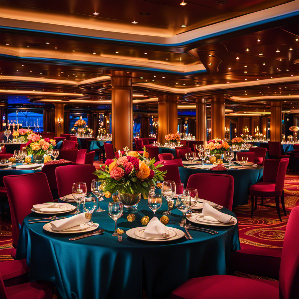 An image showcasing the elegant ambiance of a Carnival cruise ship's dining room, with sparkling wine glasses reflecting warm candlelight, surrounded by lush floral arrangements and bottles of GIFFT Wines, enhancing the luxurious onboard dining experience