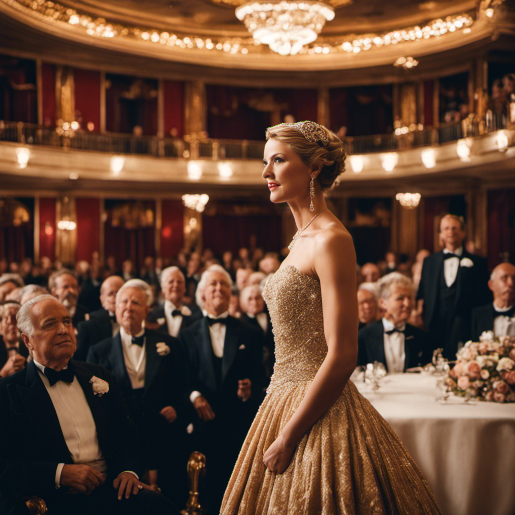 An image capturing the grandeur of Cunard's opulent ballroom, where Katie McAlister, adorned in a regal gown, stands at a podium, confidently addressing a sea of applauding guests