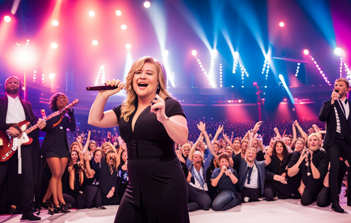 An image showcasing Kelly Clarkson performing on a vibrant stage adorned with Norwegian Cruise Line's logo, as a group of enthusiastic educators joyfully applaud in the audience