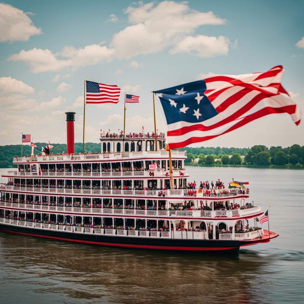 An image showcasing a grand paddlewheel boat sailing gracefully along the Ohio River, adorned with vibrant flags and filled with elegantly dressed guests, immersed in the excitement of the Kentucky Derby