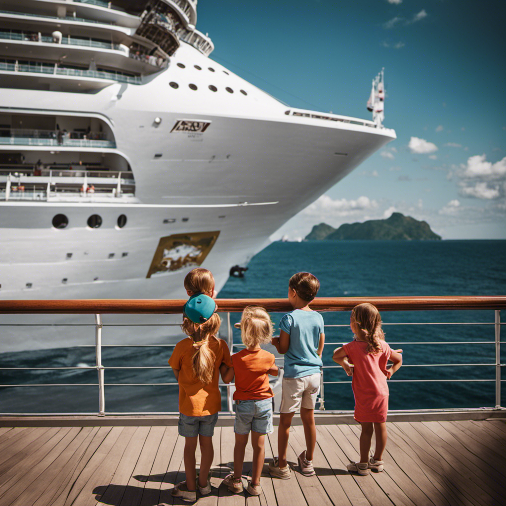 An image that depicts children standing outside a cruise ship, their disappointed faces contrasting with joyful families onboard