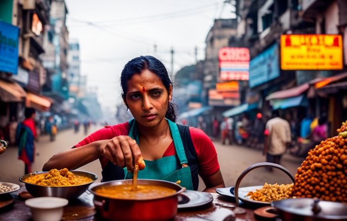 An image capturing the vibrant chaos of Kolkata's bustling streets, filled with aromatic clouds of sizzling jhaal muri, succulent puchkas bursting with tangy tamarind water, and sizzling kathi rolls oozing with tender marinated meats