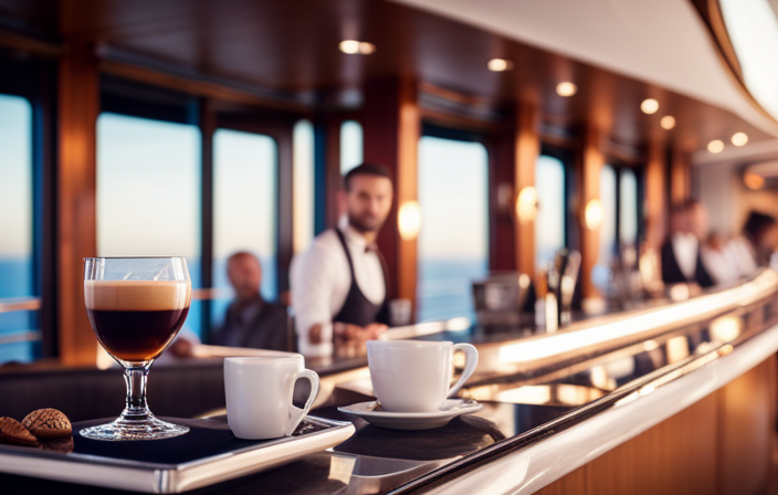 An image showcasing a luxurious cruise ship deck adorned with elegant Lavazza coffee stations, where passengers immerse themselves in the ultimate coffee experience, surrounded by sleek coffee machines and expert baristas