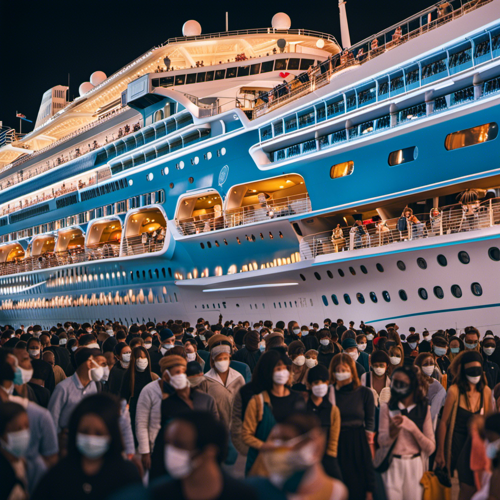 An image depicting a crowded cruise ship, with people wearing face masks and practicing social distancing