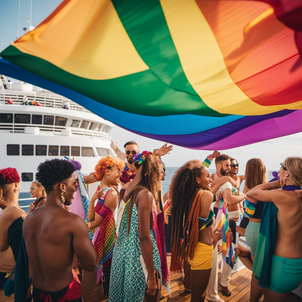 An image showcasing a diverse group of LGBTQ+ individuals on a vibrant cruise ship deck, reveling in colorful pride flags fluttering in the sea breeze, while forming a tight-knit circle of friendship and celebration