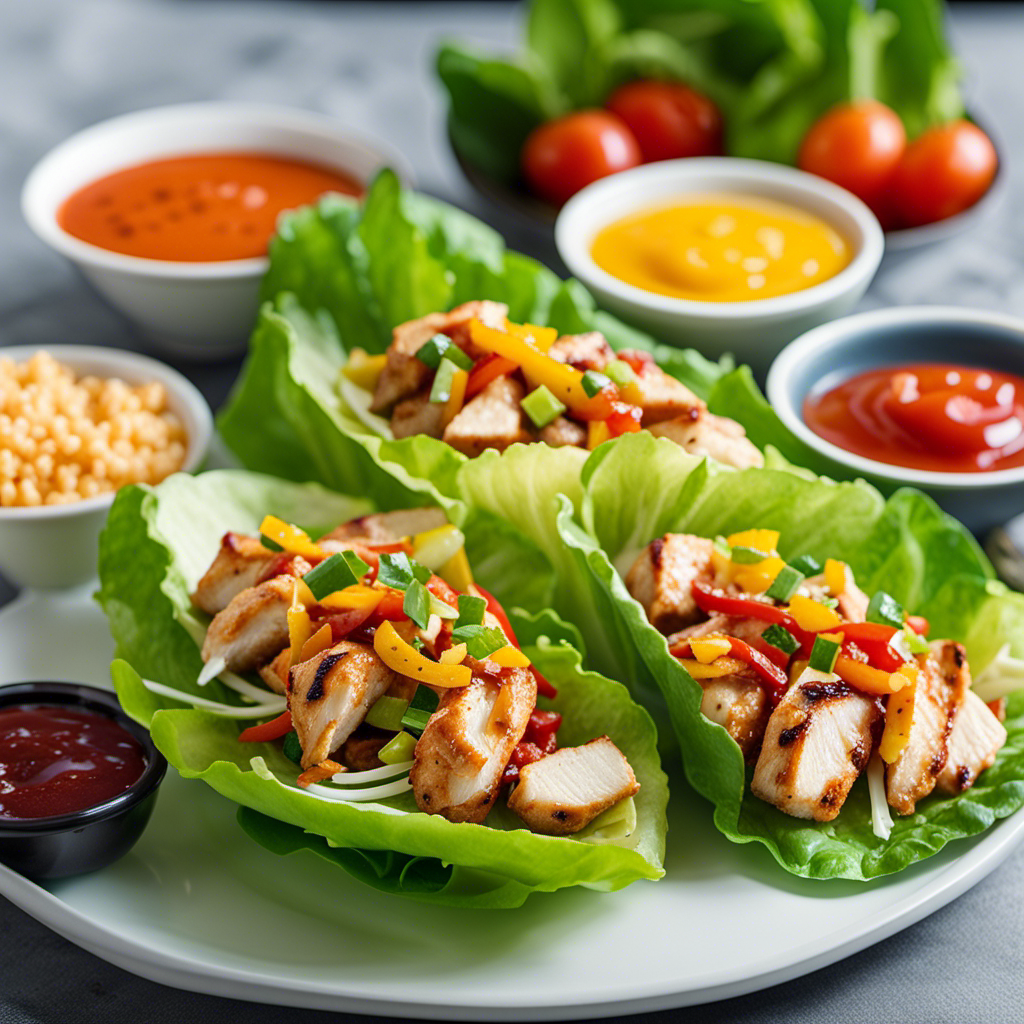 An image that showcases a vibrant plate of Viking Cruises Chicken Lettuce Wraps: succulent grilled chicken strips, nestled in crisp lettuce leaves, topped with colorful veggies and a drizzle of tangy sauce