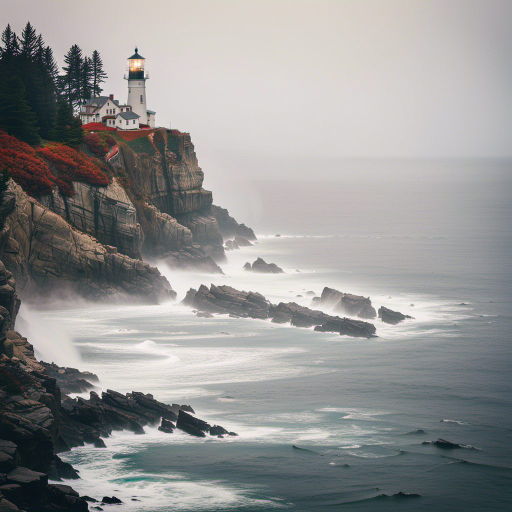 An image showcasing the rugged beauty of a towering US lighthouse, perched atop jagged cliffs, its beacon piercing through the misty air