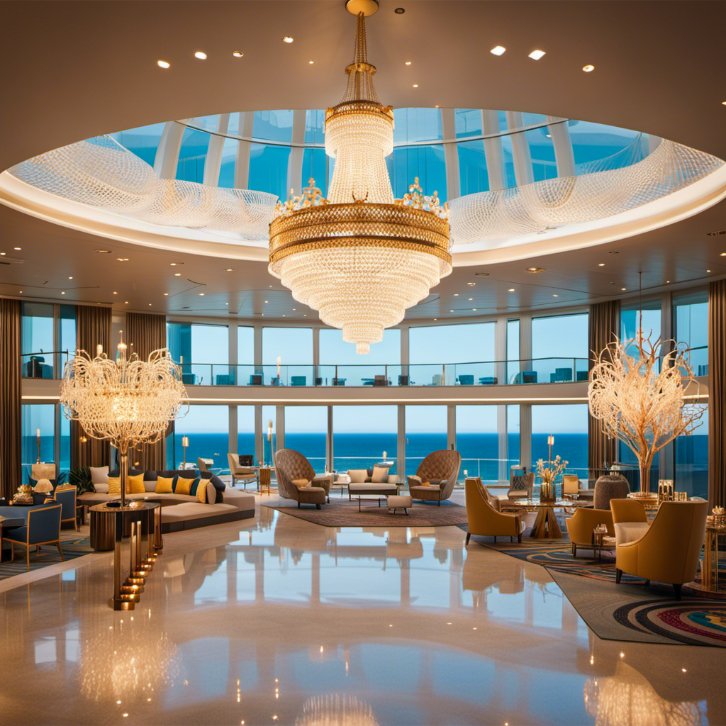 An image capturing the opulent elegance of Spectrum of the Seas and the Royal Range, showcasing intricate chandeliers cascading from high ceilings, glimmering golden accents, and panoramic ocean views through floor-to-ceiling windows