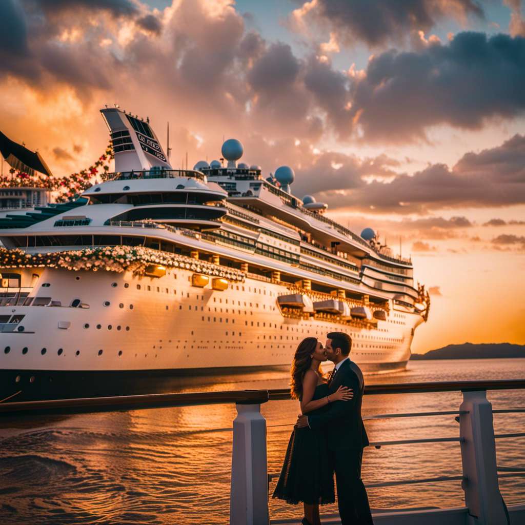 An image capturing the essence of "Love on the High Seas: The Bachelorette's Luxury Cruise Adventure" with a breathtaking sunset casting a golden glow over a majestic cruise ship, adorned with elegant decorations and adorned with happy couples enjoying romantic moments