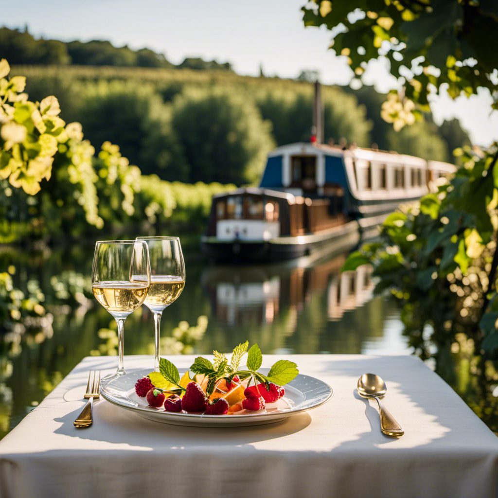 the elegance of Luciole, France's oldest barge, amidst picturesque vineyards and shimmering waters of the Canal du Nivernais