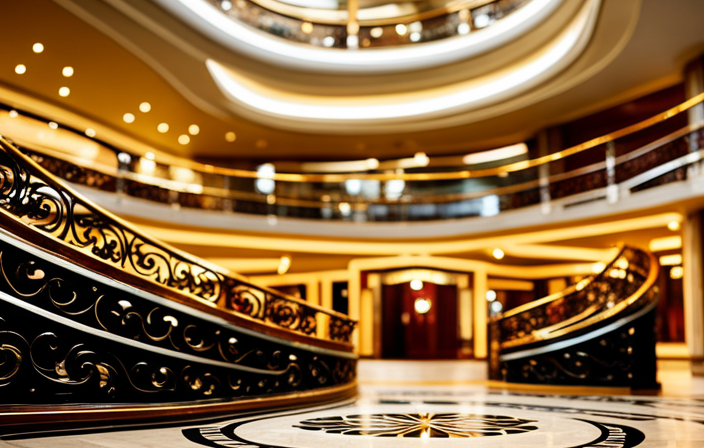 An image showcasing the opulent interior of a state-of-the-art cruise ship, with its gleaming chandeliers, plush velvet furnishings, panoramic ocean views, and a grand staircase adorned with intricate gold detailing