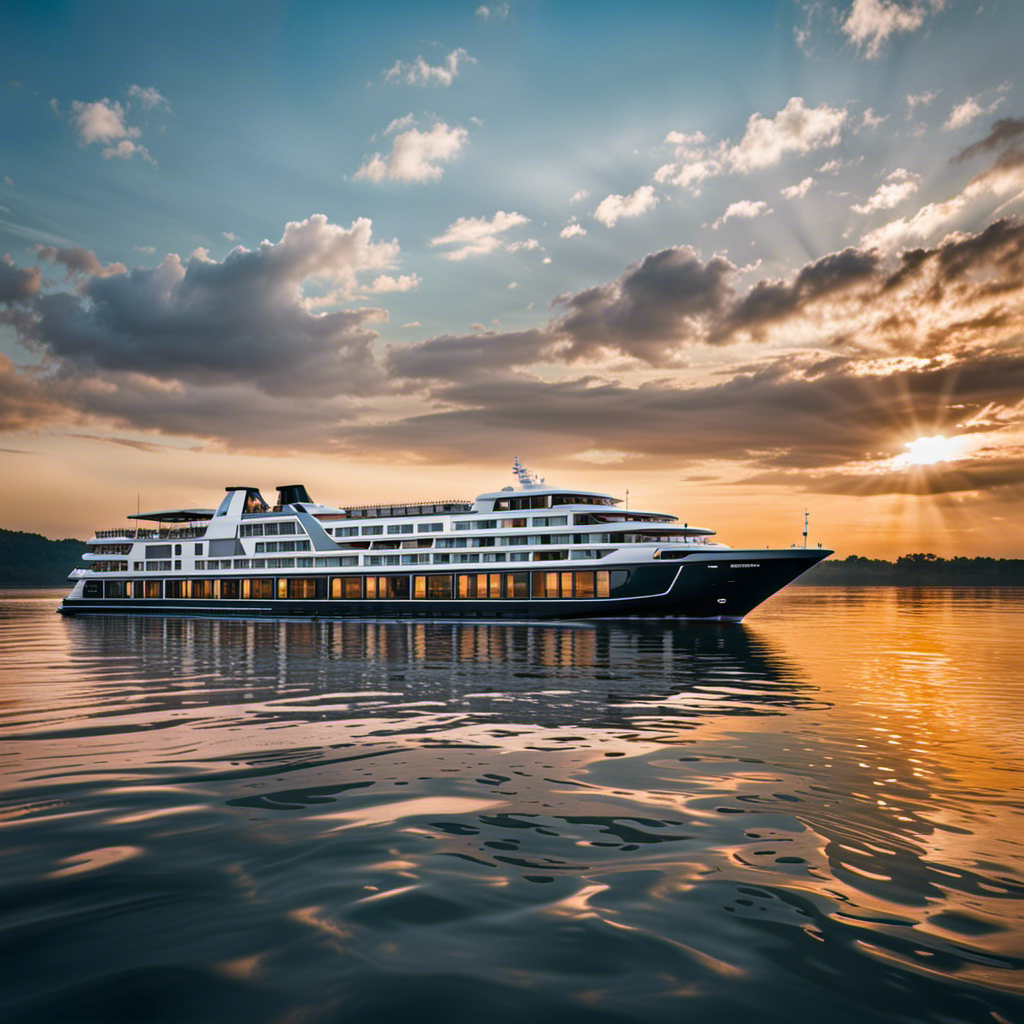 An image showcasing the opulent AmaDara river cruise ship, adorned with elegant furnishings, floor-to-ceiling windows revealing breathtaking river views, a tranquil sun deck with plush loungers, and a serene spa decked with a jacuzzi and plush towels