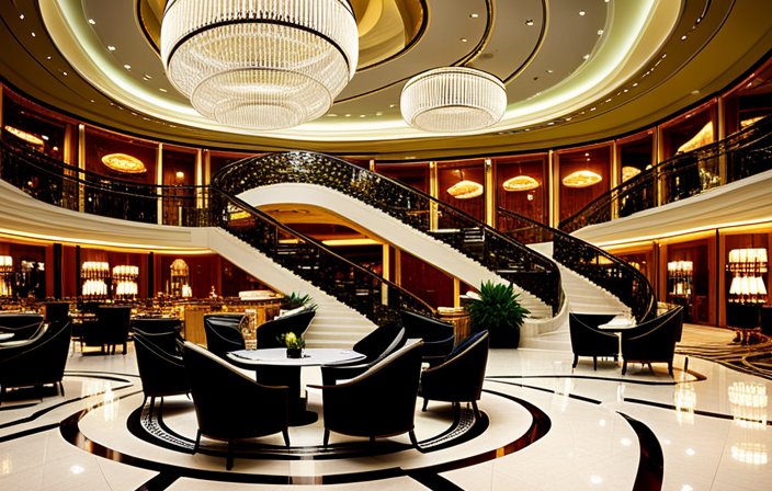 An image showcasing the extravagant interior of MSC Divina, adorned with opulent chandeliers, plush velvet seating, and polished marble floors, while capturing the tantalizing display of gourmet dishes served in elegant dining halls
