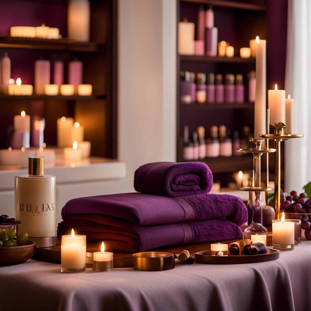 An image showcasing a serene, opulent spa room adorned with vineyard-inspired decor