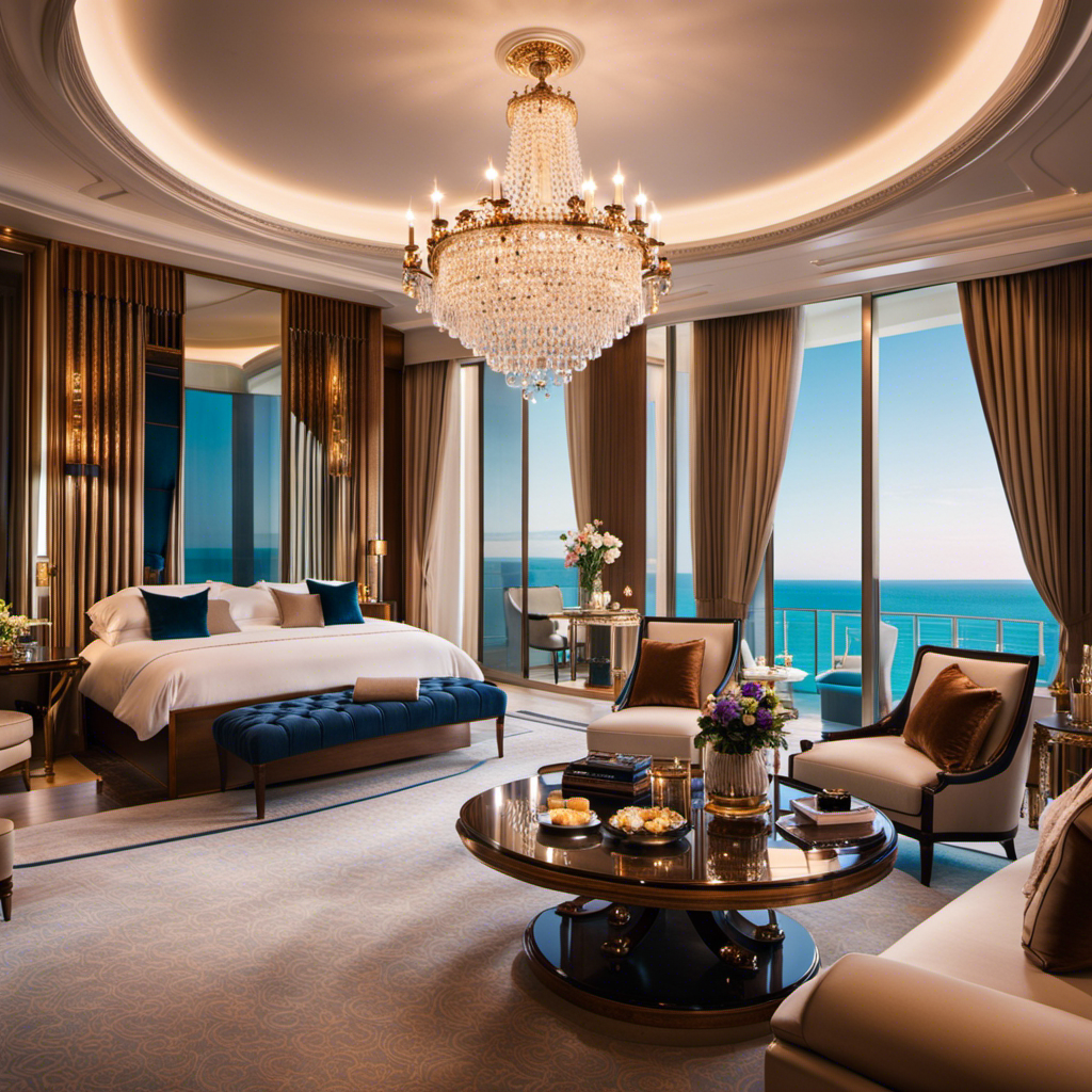 An image showcasing a lavishly decorated Royal Suite Class, adorned with plush velvet upholstery, glistening crystal chandeliers, a private terrace overlooking the ocean, and a marble bathroom with a luxurious jacuzzi tub