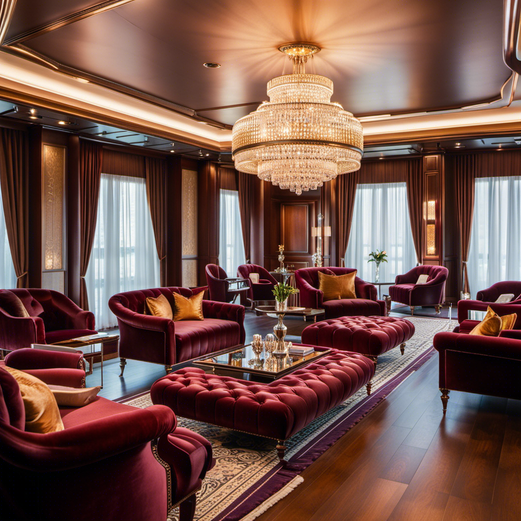 the essence of luxurious elegance aboard the Riverside Mozart: a gleaming crystal chandelier casting a warm glow on plush velvet armchairs, reflecting in the polished mahogany paneling of a spacious salon