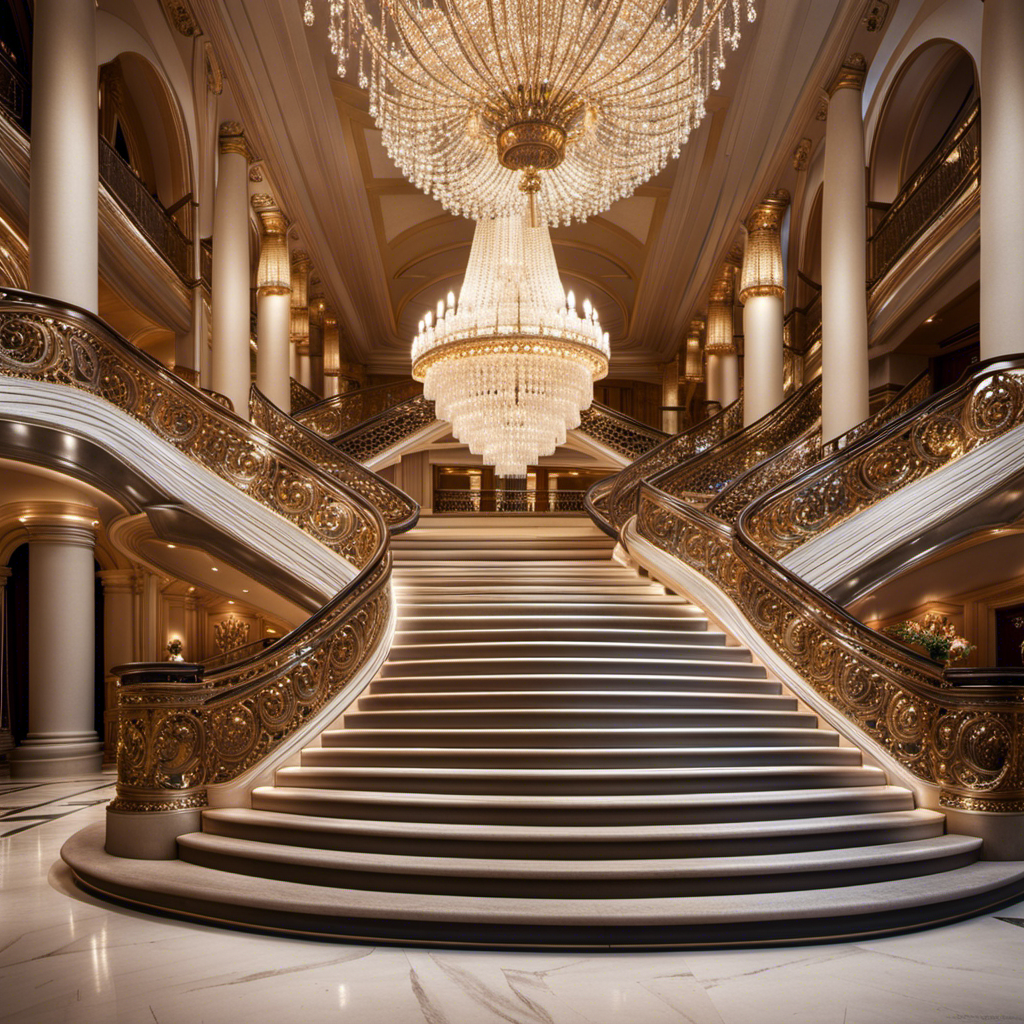An image showcasing the opulent grand staircase of Silver Muse, adorned with shimmering crystal chandeliers, glossy marble steps, and ornate gold banisters, exuding an ambiance of unrivaled luxury and timeless elegance