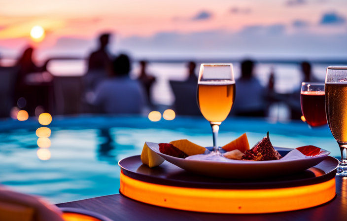 the essence of luxury and intimacy on Atlas Ocean Voyages' World Traveller: a sun-kissed deck adorned with plush loungers, a sparkling infinity pool overlooking the azure sea, and couples savoring an exquisite candlelit dinner under a star-studded sky