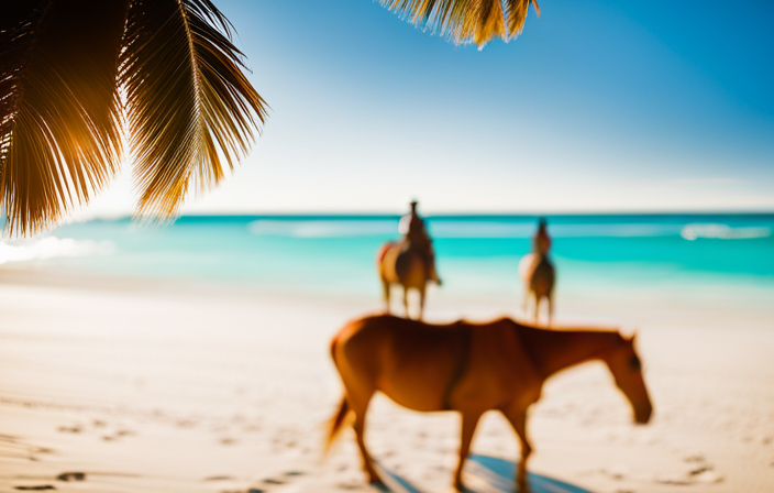 An image that showcases a serene private island escape, with luxury cabanas nestled along a pristine beach, while horseback riders explore the crystal-clear turquoise waters