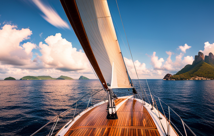 An image showcasing the opulence of Victory I's luxury coastal cruising experience: a sleek, elegant yacht gliding through azure waters, adorned with pristine white sails, surrounded by panoramic views of breathtaking coastal landscapes