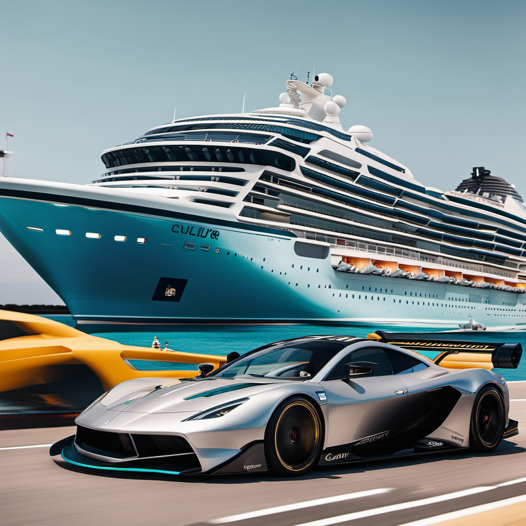 An image showcasing a sleek luxury cruise ship sailing alongside a high-speed Formula 1 race car on a stunning azure sea