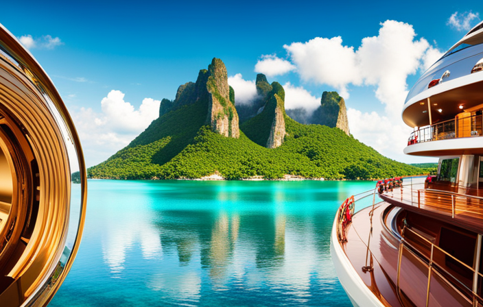 An image showcasing a luxurious cruise ship gliding through crystal-clear turquoise waters, surrounded by lush tropical islands