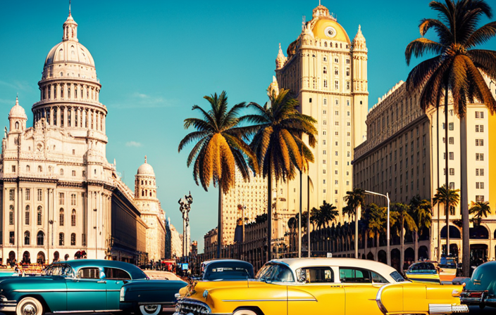 An image showcasing a luxurious cruise ship docked in Havana's vibrant port, adorned with elegant décor and surrounded by vintage cars, colorful colonial architecture, and palm trees, symbolizing Cuba's historical milestone in the cruise industry