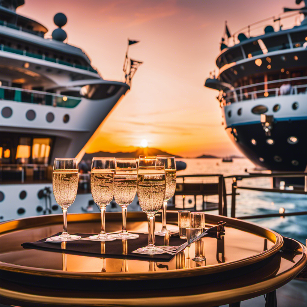 An image depicting an opulent cruise ship adorned with glistening chandeliers, where elegantly dressed guests indulge in a champagne-filled private event