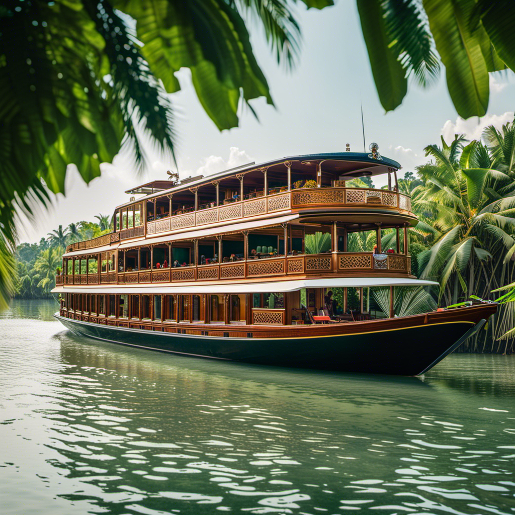 the essence of luxury cruises with a stunning image of a sleek, opulent ship gliding through the crystal-clear waters of the Mekong Delta, surrounded by lush greenery and exotic wildlife