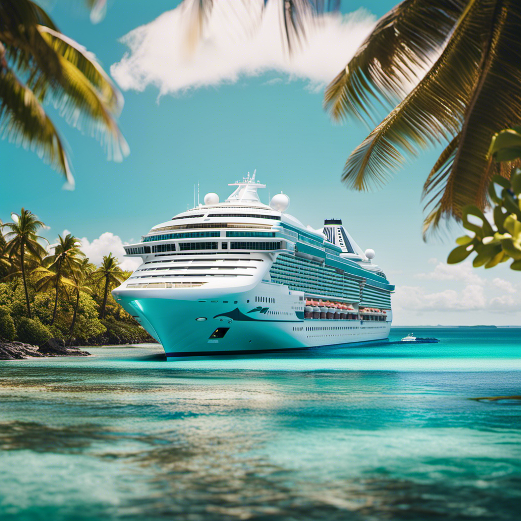 An image showcasing a luxurious Princess Cruises ship sailing through crystal-clear turquoise waters, surrounded by breathtaking tropical islands with lush palm trees, white sandy beaches, and vibrant coral reefs