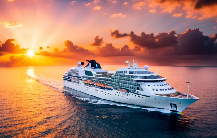 Htaking aerial view of Seabourn Odyssey, a luxurious cruise ship, gliding through crystal-clear turquoise waters, framed by the untouched, palm-fringed beaches of unspoiled Caribbean islands, under a vibrant Caribbean sunset