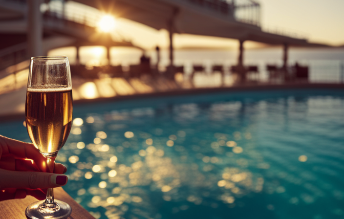 An image showcasing a sun-kissed deck of a luxurious cruise ship, adorned with elegant loungers and sparkling infinity pools, while a waitstaff serves champagne to guests basking in the lap of indulgence