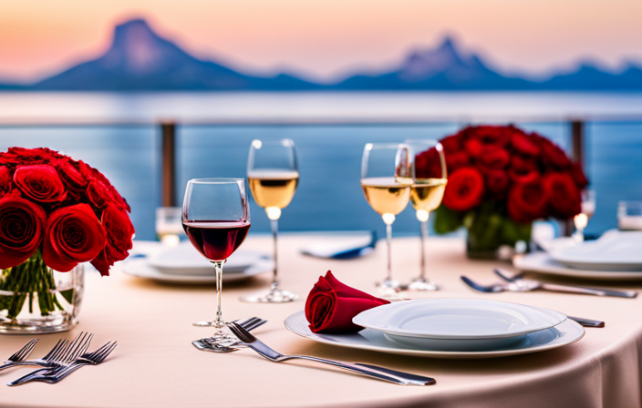 An image showcasing an opulent dining experience aboard Crystal Esprit, with elegant table settings adorned with fine china, gleaming silverware, crystal glassware, and exquisite floral arrangements, set against a backdrop of breathtaking ocean views