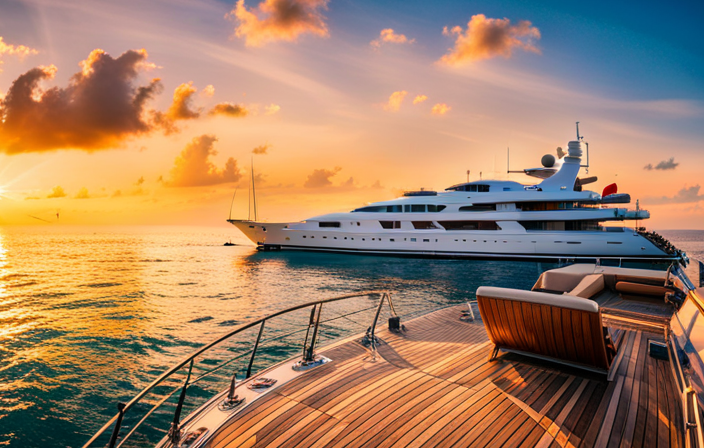 "Capture the essence of opulent adventure with an image showcasing the Ocean Explorer luxury yacht on a turquoise sea, surrounded by lush tropical islands and basking under a golden sunset