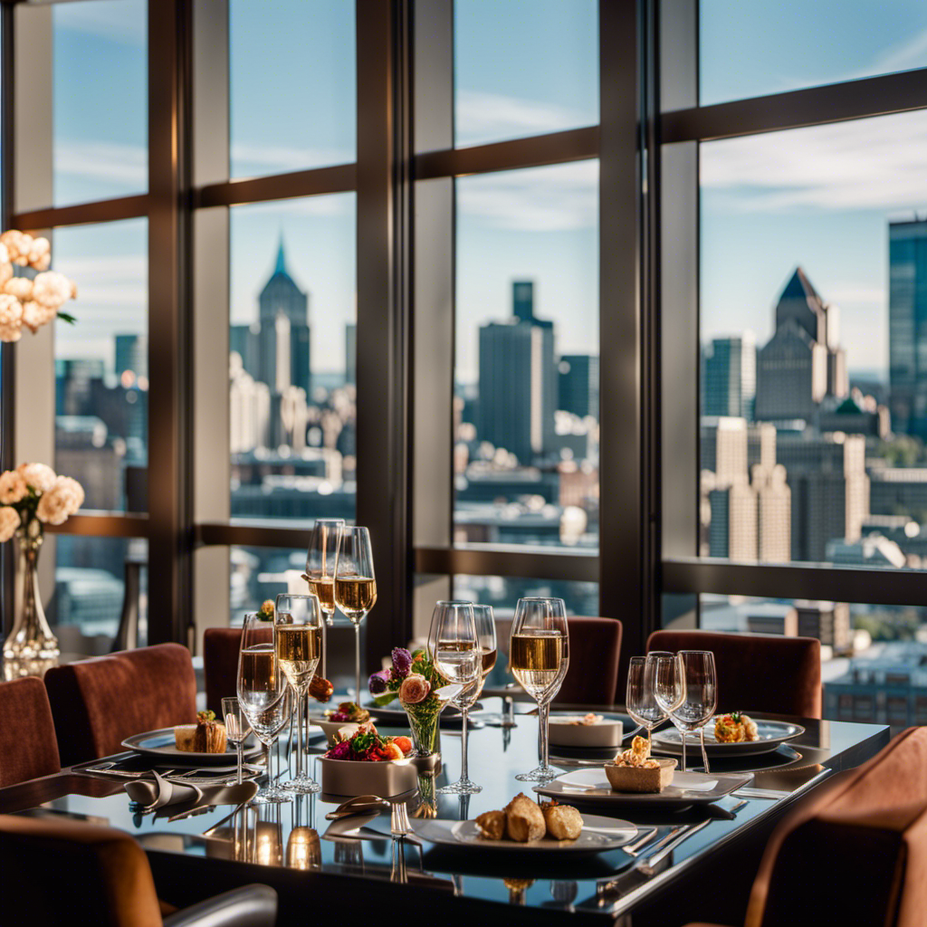 An image capturing the opulence of a luxury hotel suite overlooking Montreal's vibrant cityscape, with a tantalizing spread of fine dining cuisine and a glimpse of the city's iconic cultural landmarks in the background