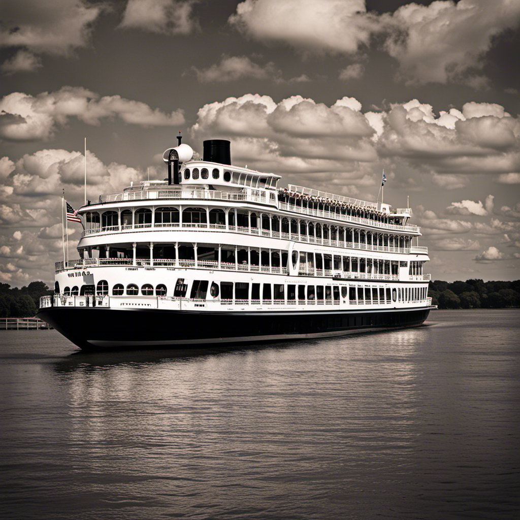 An image showcasing the opulent American Duchess river cruise, adorned with elegant decor and panoramic views of vibrant Mississippi River cities