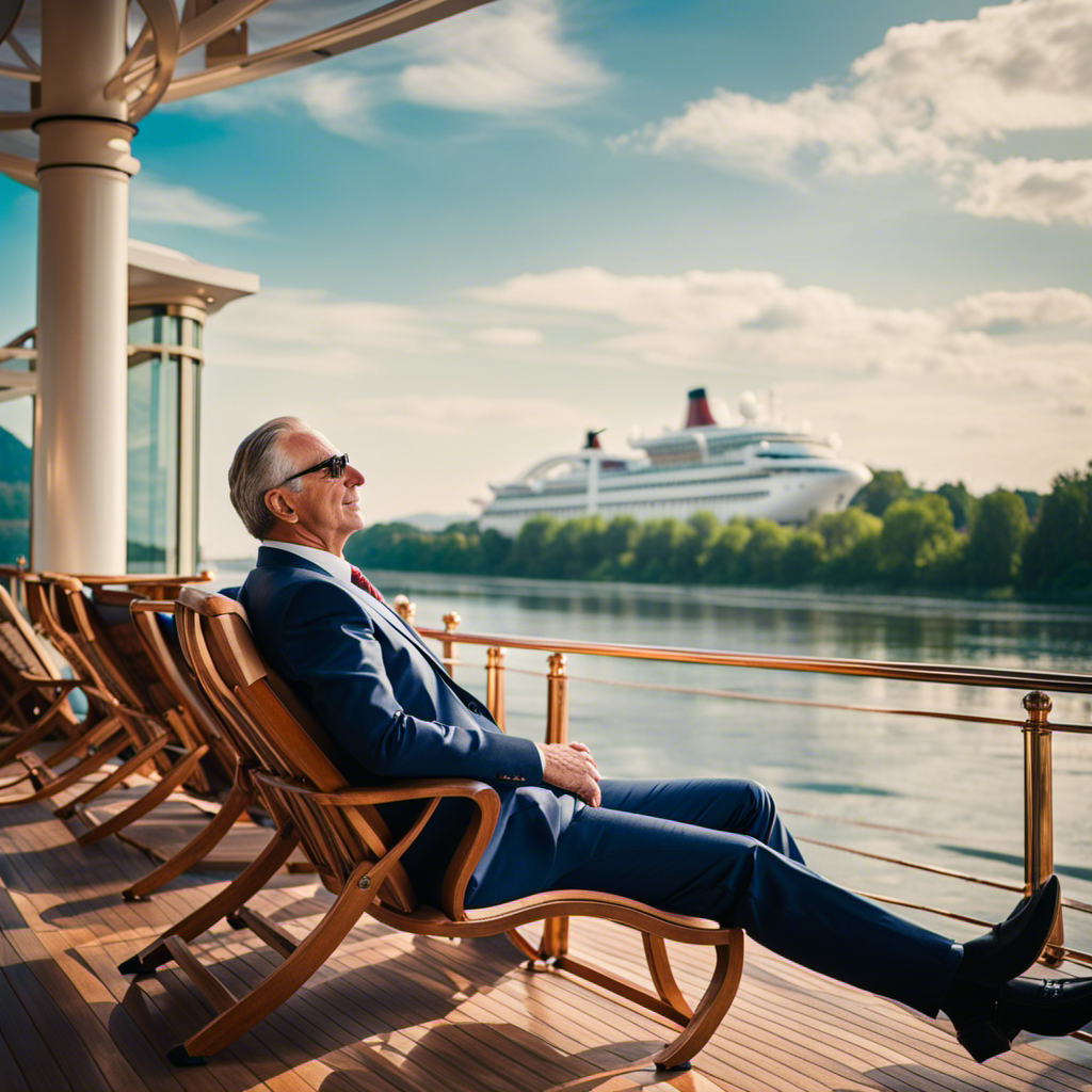 Vating image of CEO Bill Panoff, dressed in an elegant suit, leisurely reclining on a luxurious deck chair aboard a river cruise ship