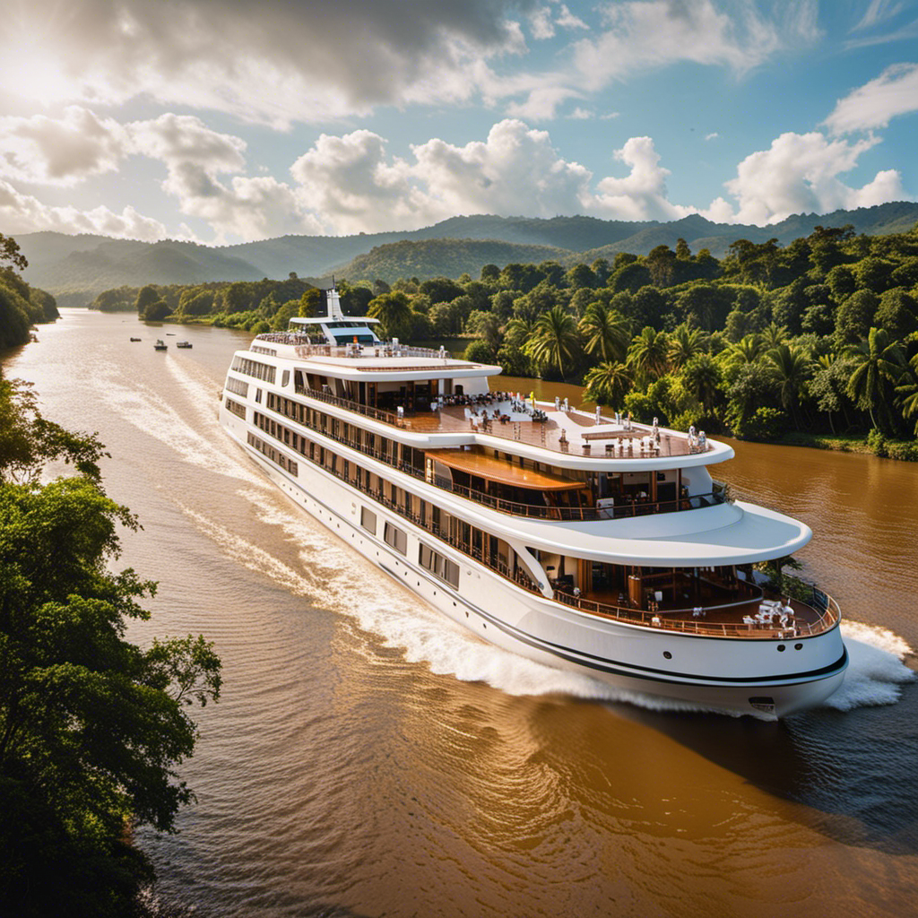 An image capturing the opulence of luxury river cruises in Colombia, featuring the elegant AmaMagdalena and AmaMelodia ships gliding through the serene Magdalena River