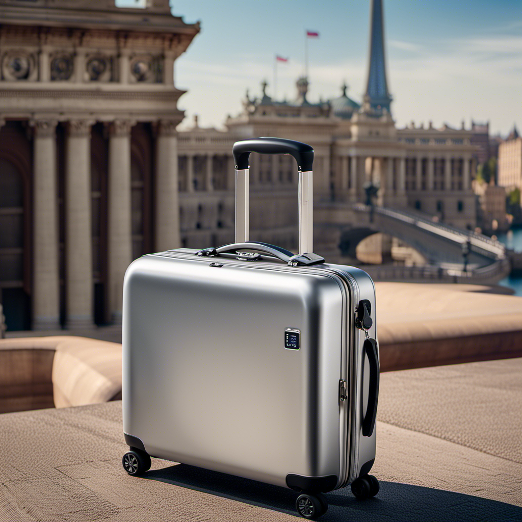 An image showcasing a sleek silver smart suitcase with built-in GPS and fingerprint lock, sitting next to a state-of-the-art wireless earbud case, surrounded by a backdrop of famous landmarks from around the world