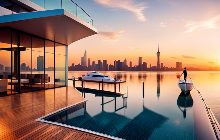 An image showcasing the opulent luxury yacht, adorned with floor-to-ceiling windows, a sleek infinity pool, and a helipad, as it glides gracefully through crystal-clear turquoise waters under a radiant golden sunset