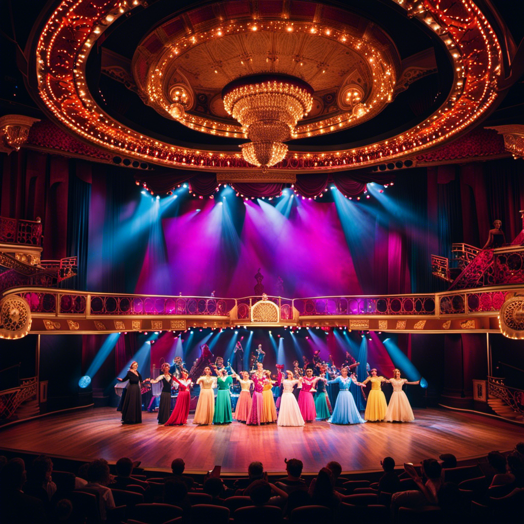 An image showcasing the enchanting world of Schwartz's Cruise Line Musical: vibrant stage lights illuminating a grand theater, a mesmerizing cast of characters in dazzling costumes, and a captivating performance unfolding before a spellbound audience