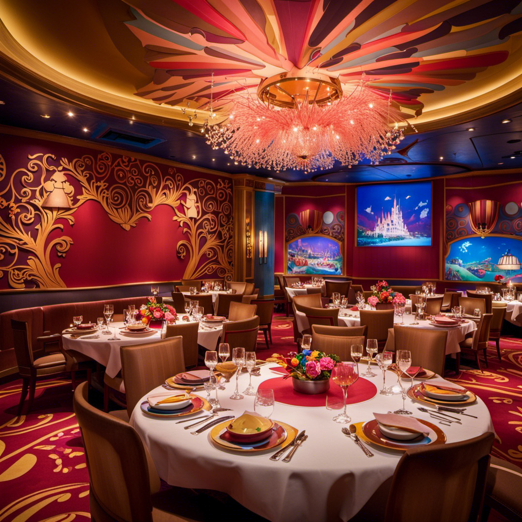 An image that captures the enchantment of Animator's Palate on Disney Fantasy: a whimsical dining room adorned with giant sketchbooks, vibrant paintbrush chandeliers, and animated characters playfully coming to life on the walls