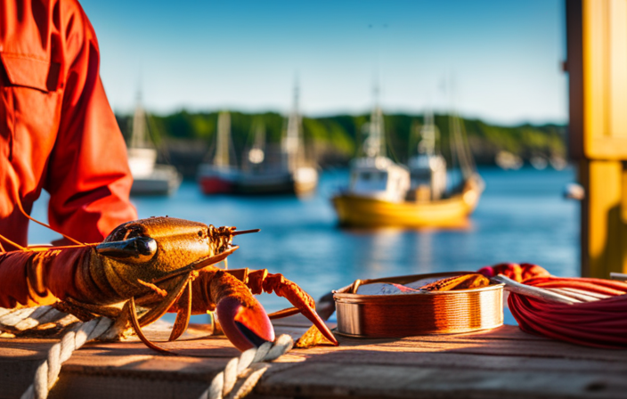 An image capturing the essence of Maine's Scenic Lobster Trail: a rugged coastline dotted with picturesque fishing villages, vibrant lobster traps lining the harbors, and local fishermen hauling in their bountiful catch