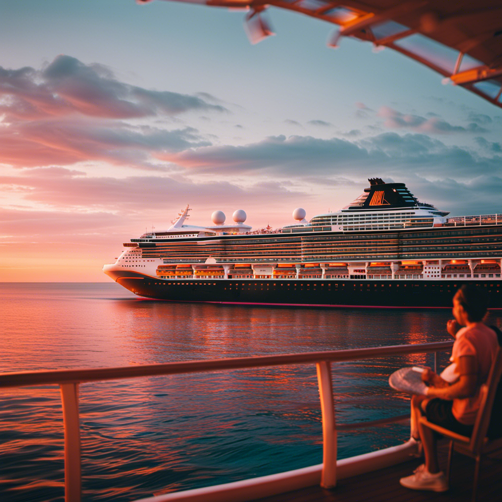 An image capturing the excitement aboard a massive cruise ship at sunset, with vibrant hues of orange and pink reflecting off the pristine waters, as passengers enjoy leisure activities on deck